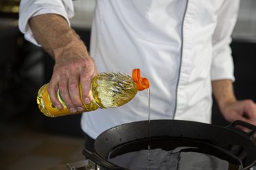 Pour about 1.5 litres of sunflower oil into the wok